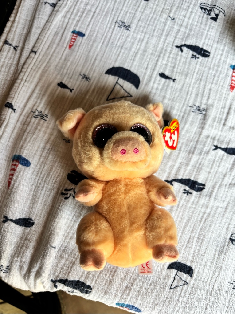 Ty Beanie Boo Plush Pig - Cream and Light Brown with Sparkly Eyes